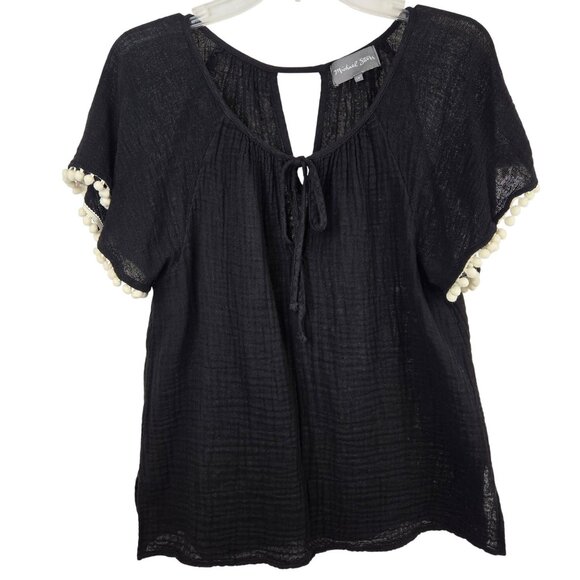 Womens S Black Boho Keyhole Tie Front Top Hippy Cottagecore Whimsigoth Casual - Picture 2 of 8